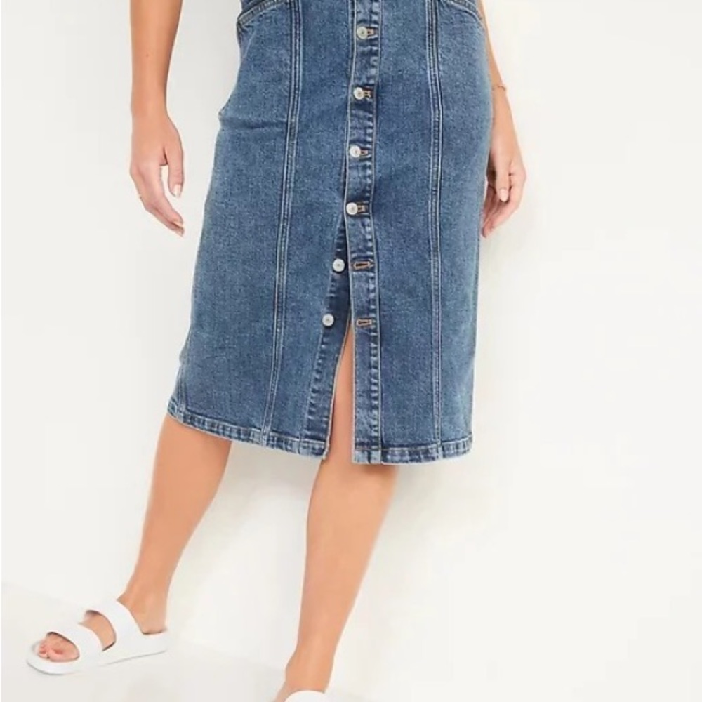 Old Navy High Rise Secret Slim Pocket Button Front Midi Denim Jean Skirt